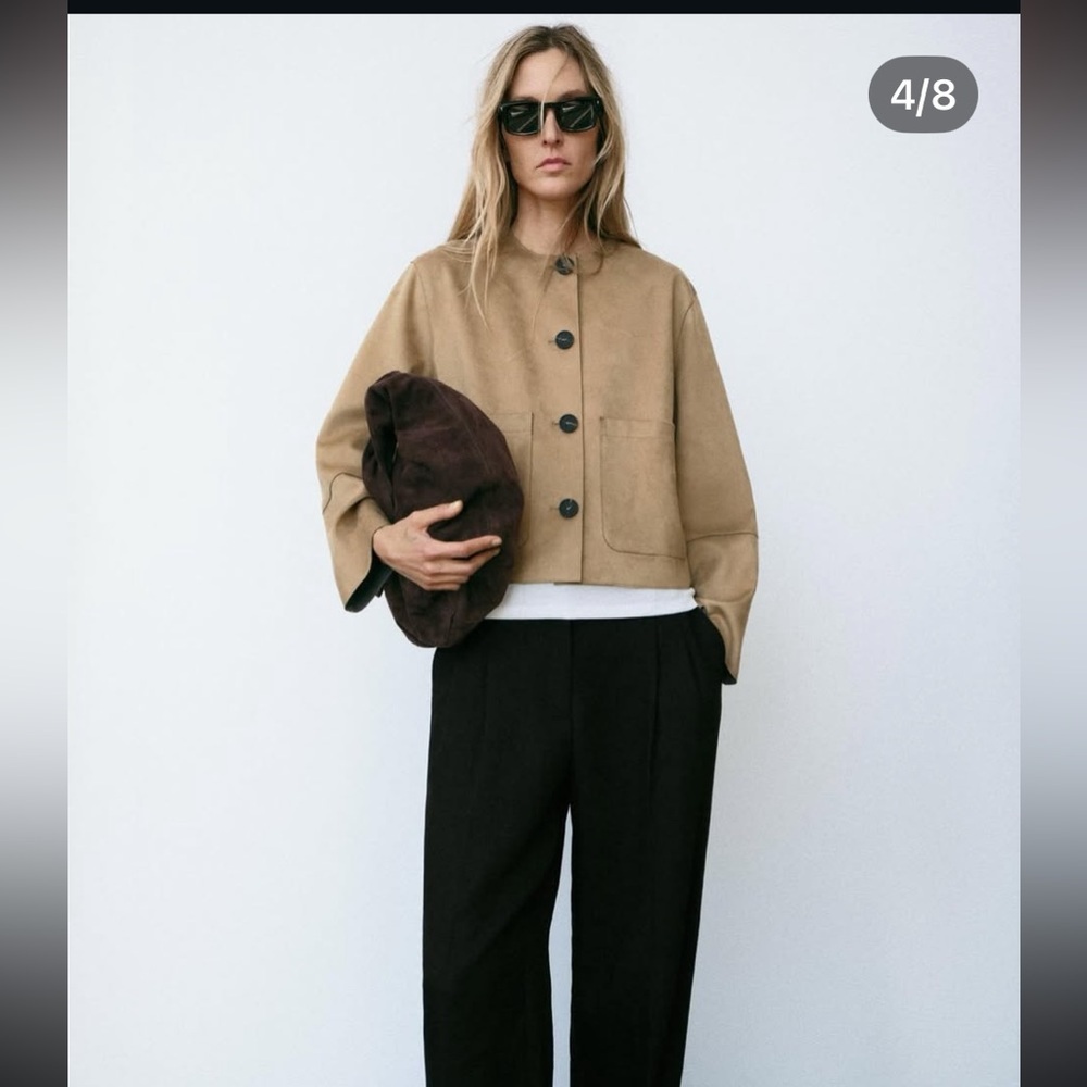 Nwot Zara FAUX SUEDE JACKET camel collarless winter spring blogger casual $118